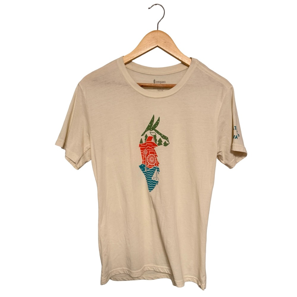 Cotopaxi T-Shirt Medium Cream Seattle WA Llama Graphic Tee Organic Cotton Blend